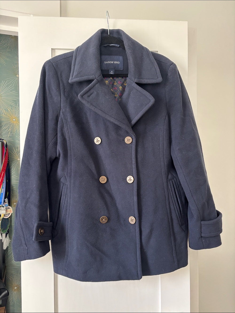 Size 14 Lands' End Navy Double-Breasted Pea Coat